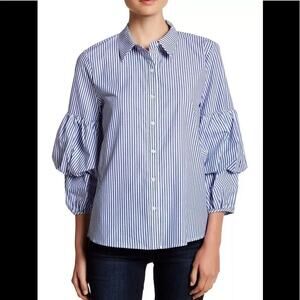 Ro&de Women's White Blue stripe puffy Sleeve Top classic button Size Large